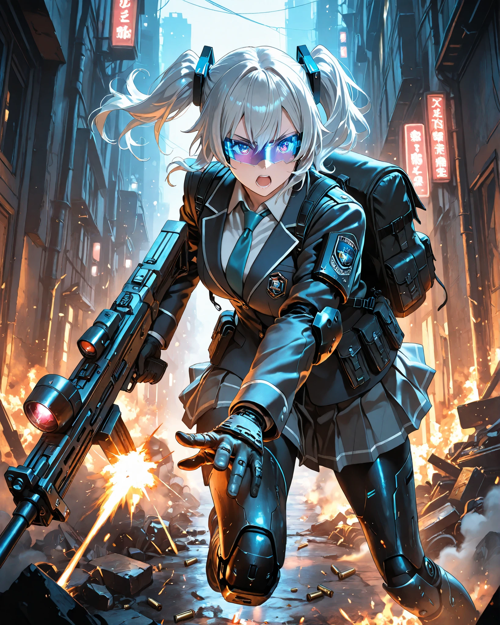 (masterpiece, best quality, dynamic action pose, anime style), heavily armed high school girl in cyber-modified school uniform, glowing circuitry woven into armored pleated skirt and jacket, wearing a transparent visor with floating HUD, firing a neon-lit railgun with her right hand, bullet casings replaced by energy particles, side-mounted mechanical shield arm deployed from her backpack, extending forward to block incoming fire, holding the railgun with her right hand, intense battle expression, amidst a dystopian urban battlefield filled with neon signs, flickering holograms, dark alley smoke, broken cyber-ads, dramatic lighting with blue and magenta glows, a high-contrast cinematic shot with a 50mm lens, showcasing the girl in a dynamic action pose, with a blurred background, captured with a Canon EOS R5 camera for a professional, award-winning look, wearing full-body tactical armor, carrying multiple weapon systems including a shoulder-mounted missile launcher, a high-caliber machine gun, and a combat knife, enhanced with cybernetic limbs and a powered exoskeleton, US military-grade equipment, in a professional, award-winning style.