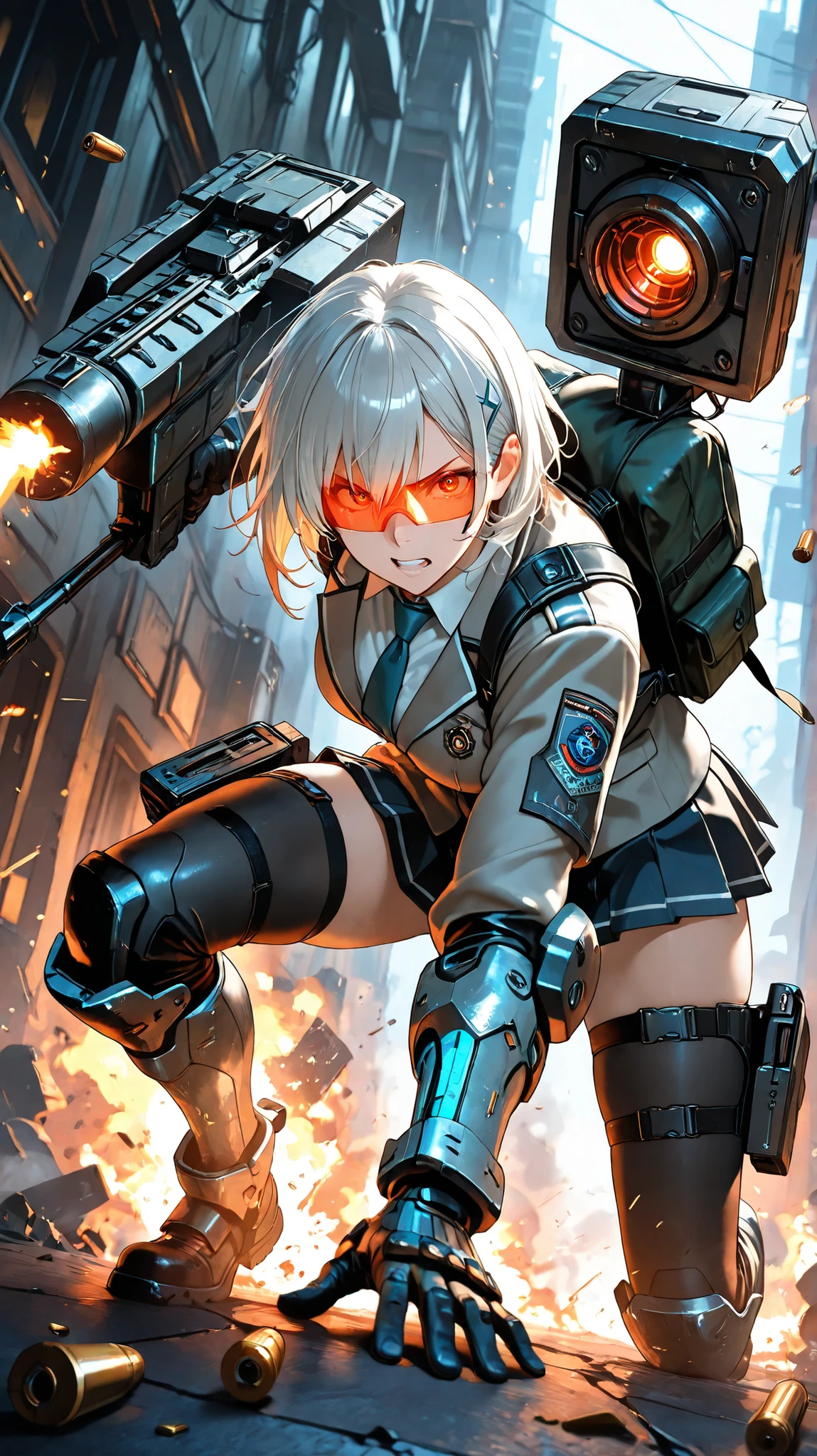 (masterpiece, best quality, dynamic action pose, anime style), heavily armed high school girl in cyber-modified school uniform, glowing circuitry woven into armored pleated skirt and jacket, wearing a transparent visor with floating HUD, firing a neon-lit railgun with her right hand, bullet casings replaced by energy particles, side-mounted mechanical shield arm deployed from her backpack, extending forward to block incoming fire, holding the railgun with her right hand, intense battle expression, amidst a dystopian urban battlefield filled with neon signs, flickering holograms, dark alley smoke, broken cyber-ads, dramatic lighting with blue and magenta glows, a high-contrast cinematic shot with a 50mm lens, showcasing the girl in a dynamic action pose, with a blurred background, captured with a Canon EOS R5 camera for a professional, award-winning look, wearing full-body tactical armor, carrying multiple weapon systems including a shoulder-mounted missile launcher, a high-caliber machine gun, and a combat knife, enhanced with cybernetic limbs and a powered exoskeleton, US military-grade equipment, in a professional, award-winning style.