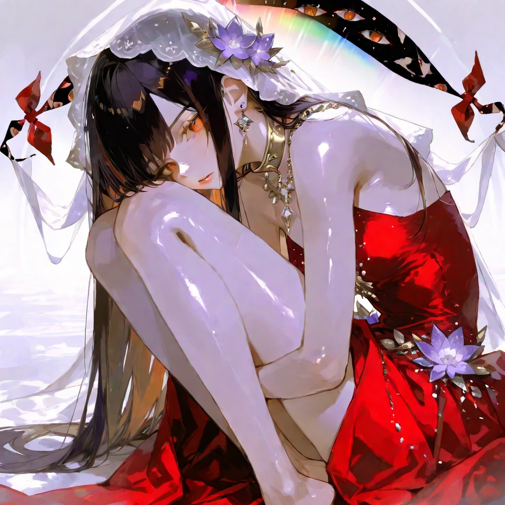 Asian girl, hermosa, demonio, ojos rojos, cabello blanco, garras, enormes pechos, desnuda, mostrando el culo al espectador, de espalda