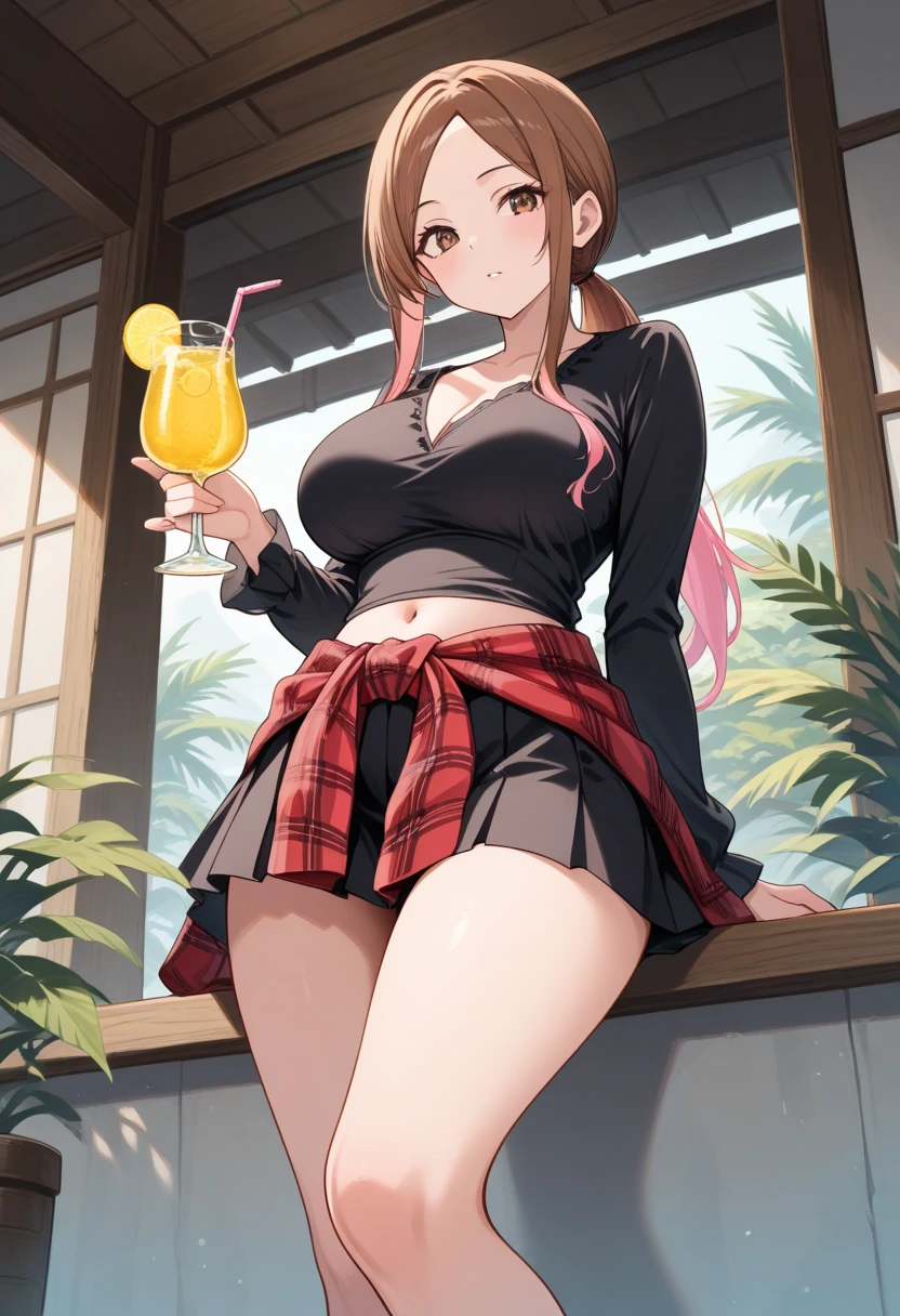 High resolution, high quality, One girl, Anime Girls,Brown long hair, Brown eyes, Green glasses,heart shaped pupils,Sunburned skin, Large Breasts,beautiful breasts,pointy breasts,(Big Ass),beautiful ass,Embarrassed,Pink Cardigan,Pink Skirt,lower body,sitting,(open legs),Wisteria flower,at cafe,(lemon juice),(orange juice),(Pineapple juice),(Mango juice),(water),