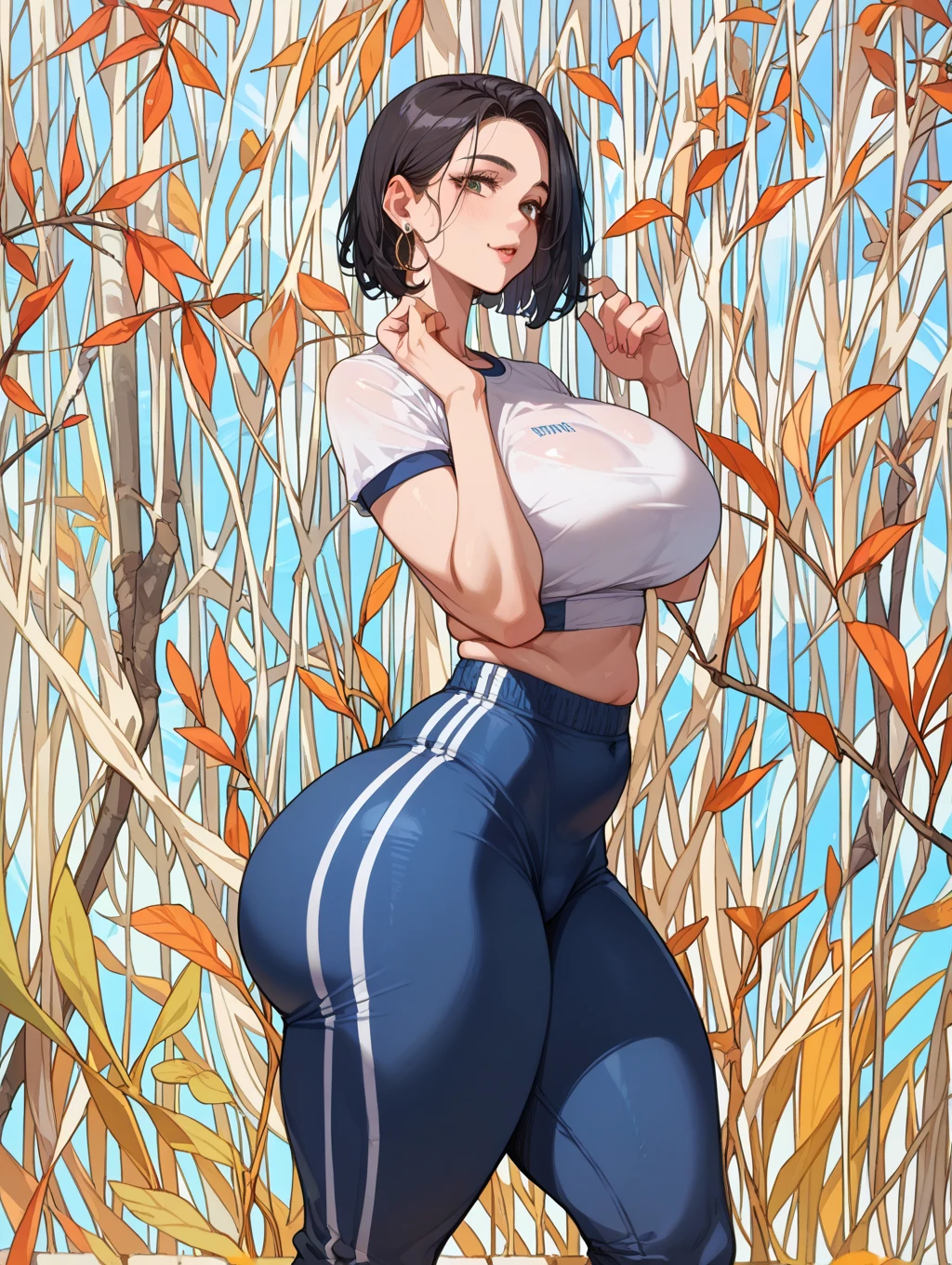 1 female. Bangs hairstyle, face, green back, smile face, Big Breasts, Thick-rimmed glasses. (detailed black rim glasses). 22-years-old beautiful female. Stand. Put the hand on the bicycle handle. thick pants