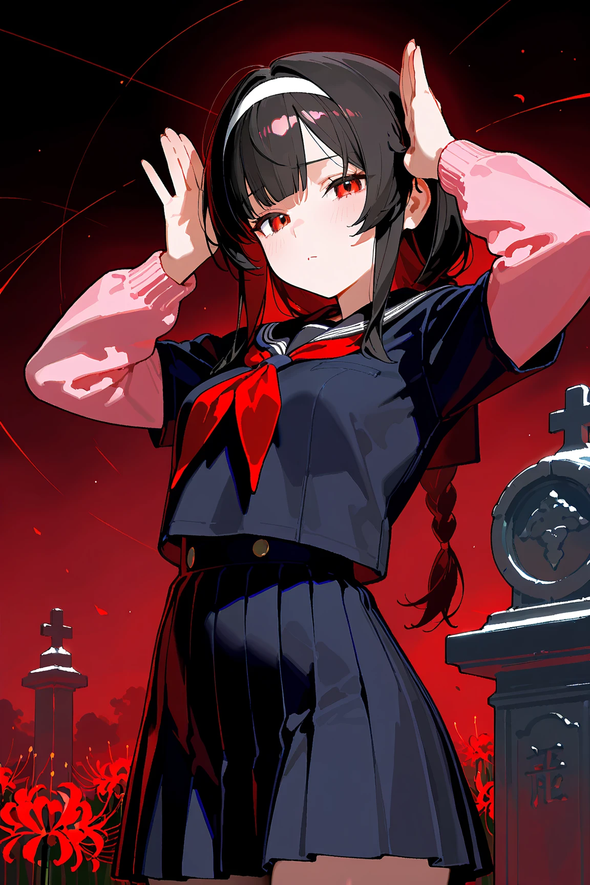<lora:HakikaStyle:1>, 1girl, <lora:MakiDG:1>, schoolgirl uniform, red eyes, twintails, red scrunchie, 1girl, red legwear, fist up,