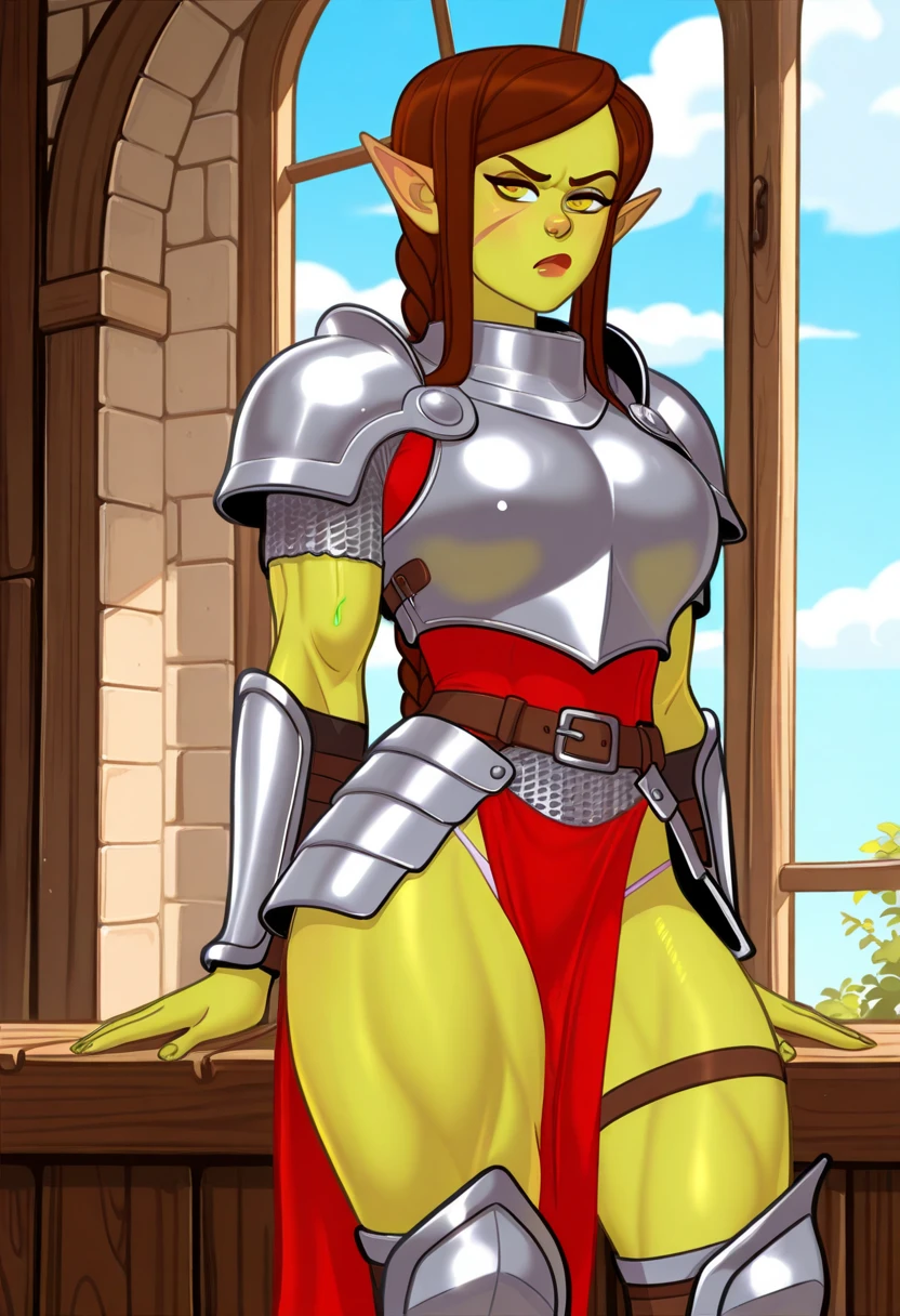big Barbarian, tanned girl, weapons, dungeon, masterpiece anime style 8k, CG Unity, wallpaper state-of-the-art, oily shiny skin, soapy, beautiful, dripping liquid, leather armour, sfw