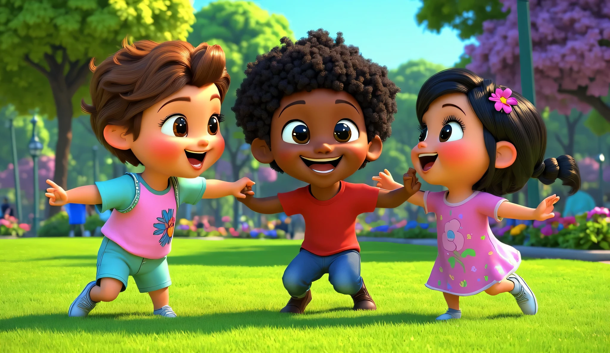 three ren of different races, one white, one black, one Japanese, playing together in a park, smiling and having fun. 3D pixar animation style. Correct the arms and hands.