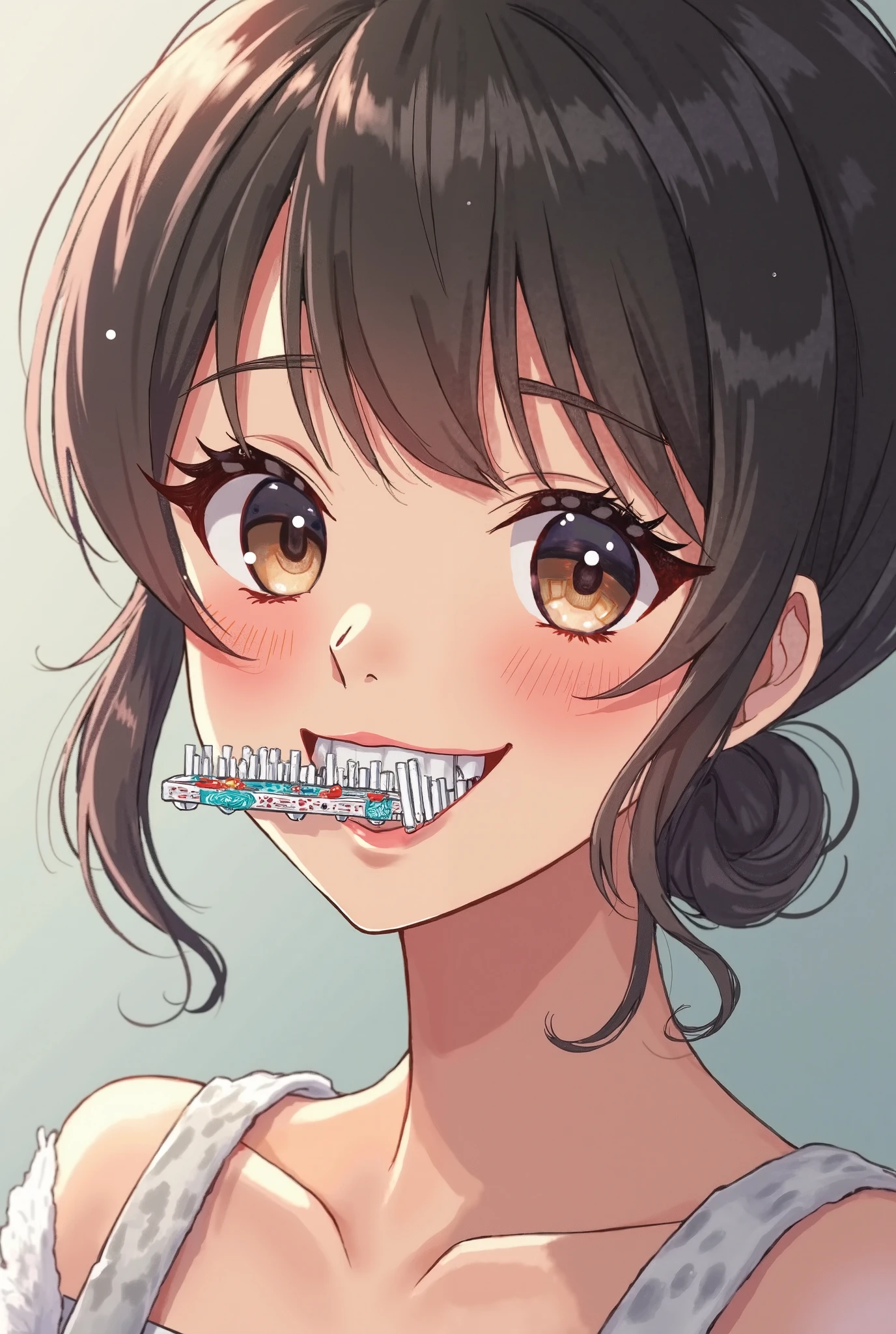 vertical_stripes, 1girl, striped, food, popsicle, solo, breasts, striped_shirt, shirt, purple_eyes, long_hair, vertical-striped_shirt, open_shirt, brown_hair, holding_food, striped_background, open_clothes, short_sleeves, blush, upper_body, pinstripe_pattern, rating:safe, looking_at_viewer, holding, medium_breasts, bangs, no_bra, blinds, collarbone, eyebrows_visible_through_hair, collared_shirt, smile, dress_shirt, unbuttoned, rating:questionable