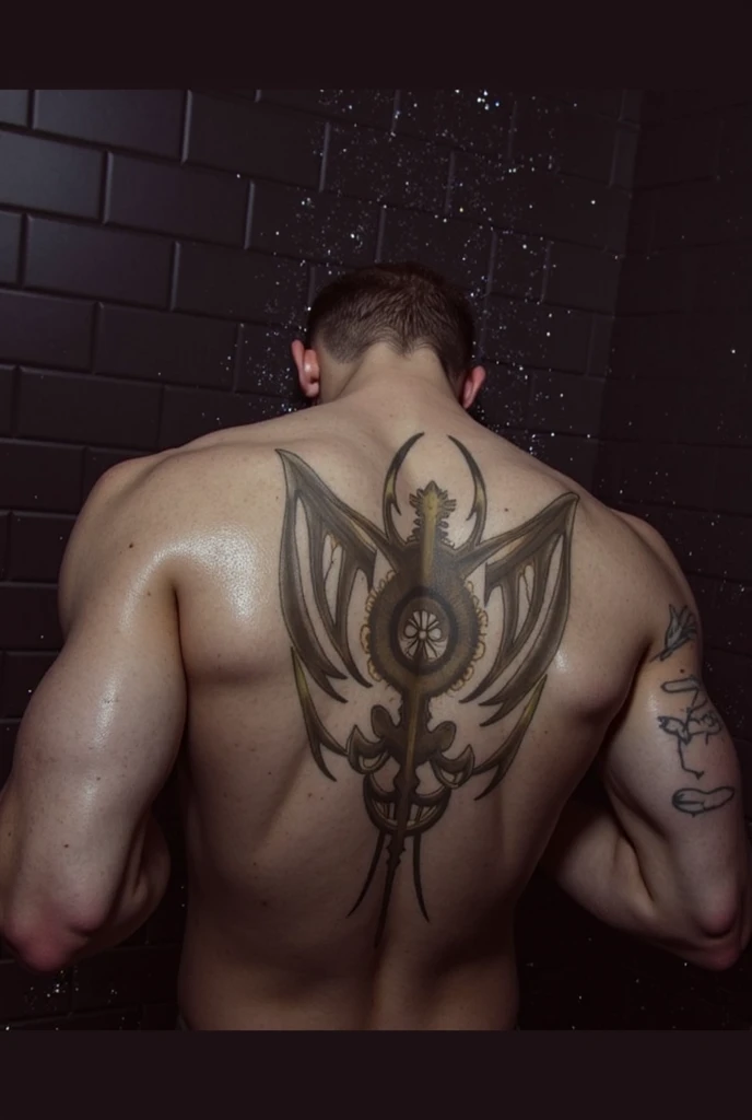 Hombre arafed con un tatuaje en la espalda y una cruz en el pecho., Symmetrical wings on the back, Alas en la espalda, Alas grandes en la espalda, Full growth from behind, Growing from behind, tatuaje de espalda, large angel wings on the back, Alas negras en lugar de brazos, espalda tatuada, Alas de chorro en la espalda, arms behind back