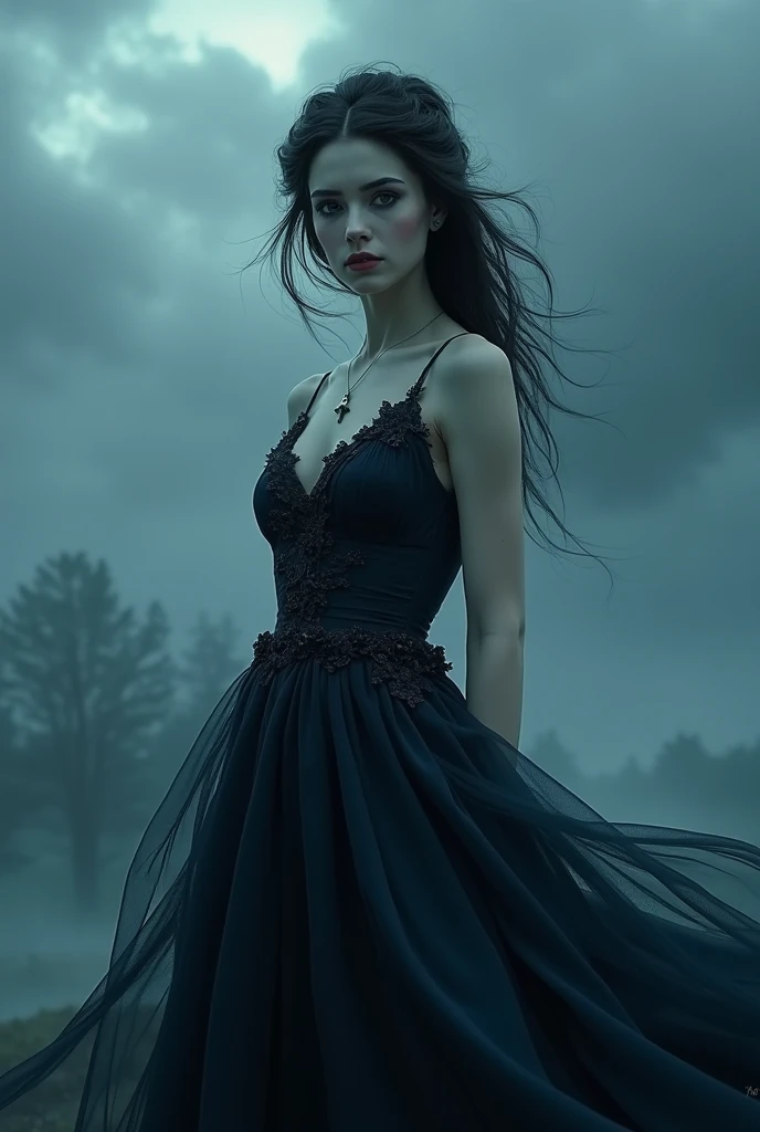 Dark shadow wich black dress and its background will be deep night dark and dark blue, her hair will flow over a site, deep blue, deep pink colour,