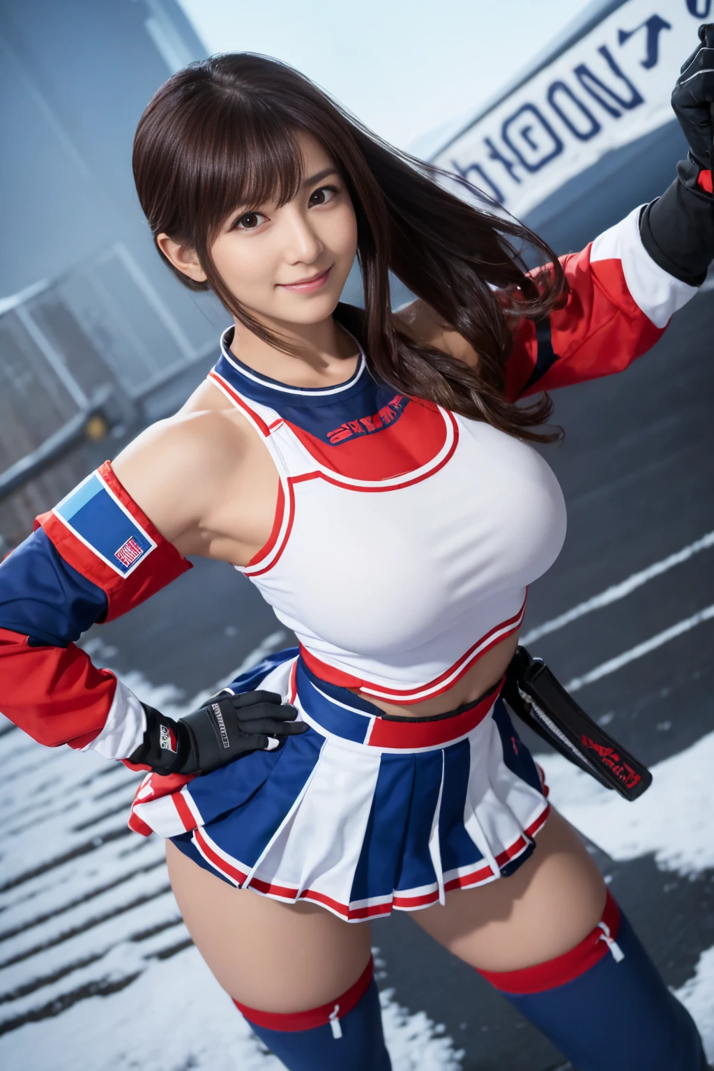 (Best quality: 1.5), (Real: 1.5), (1 person: 1.5), (masterpiece), (Skinny body:1.5), full body, (Highly detailed), (High resolution), 8k, (slightly saggy and medium breasts), Natural colored lips, Japanese woman, 24 old girl, thin eyebrows, beautiful and elegant face, cute face, arched thin eyebrows, (big eyes with a good balance between the left and right sides), cute eyes, beautiful eyes, beautiful thin nose, beautiful face line, fair skin, beautiful and graceful features, natural bangs, beautiful and thin nose, beautiful skin , medium bob hair, bob hair, natural bangs, perfect and beautiful facial features, slim face and figure, (bright lighting), (professional lighting:1.5), (frontal lighting), beautiful cleavage, 1 girl, cute and sexy 24 old woman, slim Japanese woman, fair skin, (cute smile), Beautiful breasts, Large window room , Beautiful hip line, (slim hips:1.2), beautiful slim thighs, (Japanese idol:1.5), Beautiful detailed skin, (Cheerleader outfits that expose cleavage), (Cheerleader outfits that expose under bust), (Tight cheerleader outfits), (Cheer girls:1.5), (Beautiful navel show:1.5), (Beautiful and slim thighs show:1.5), (Black hair, brunette hair), sports ground, Stadium,