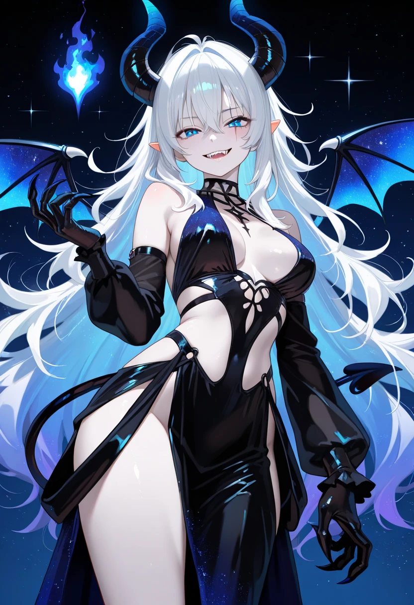 anime demon man with half black and half white hair, mixed blue and orange eyes, horns on his head, bat wings on his back, black and green scales, and pale purple skin