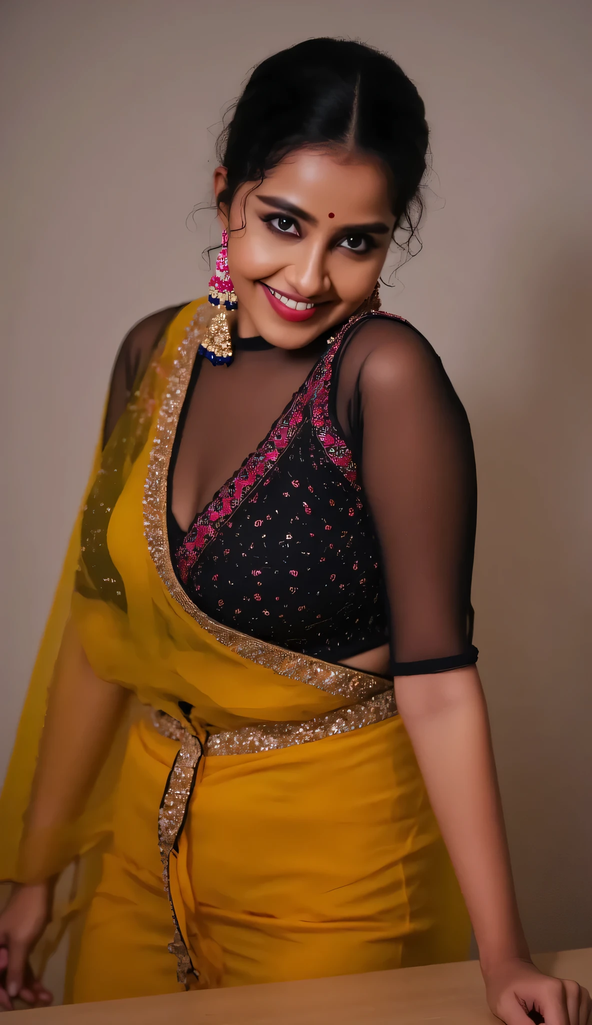 photo of Indian teacher in classroom, wearing a black and yellow transparent tshirt, hourglass figure, bends over table to expose her cleavage, seductive eyes, sultry, look at viewer and subtle smile, red lips, necklace, 4K, HD