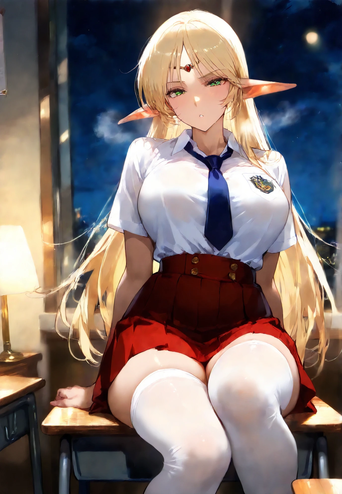 elf big breasts Queen grumpy face blonde high school girl uniform Lift up the hem of your skirt and show your underwear