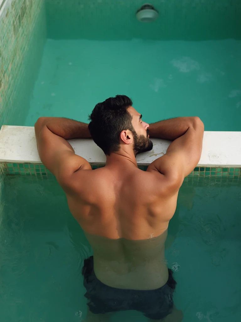 best quality, master part, Ultra high resolution, (Realismo: 1.4), homem em uma piscina vazia. Piscina grande.