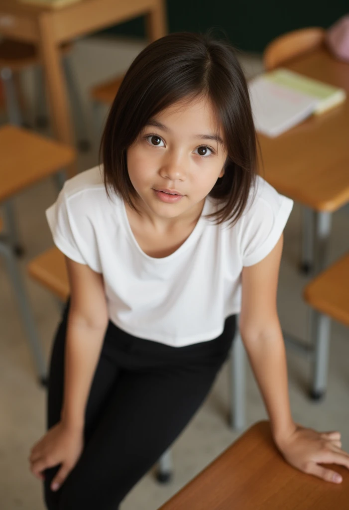 masterpiece, Highest quality, 8K, Young and beautiful girl, Baby Face、Big in clothes 、((Small breasts:1.3)), photo shoot, Cute face, Thighs, Classroom after school, Embarrassing、smile、No makeup, 10 generations, Detailed face, Background blur、((((((10 years old))))))、Tight waist、Tank top、Dolphin Shorts, Knee socks, On all fours,Wet,See through