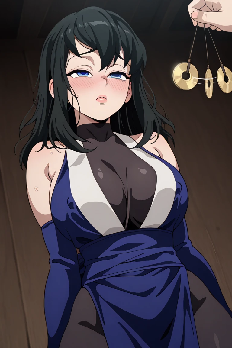 Browsing Caution、looking at the camera、When I Look at You、lookatviewer、Anime Style、Eroge、1 girl,  (Huge breasts:1.5), 、(Ribbed maxi dress)、whole body、From before、Long black hair、blush, (Sweat:1.5),Round Breasts
