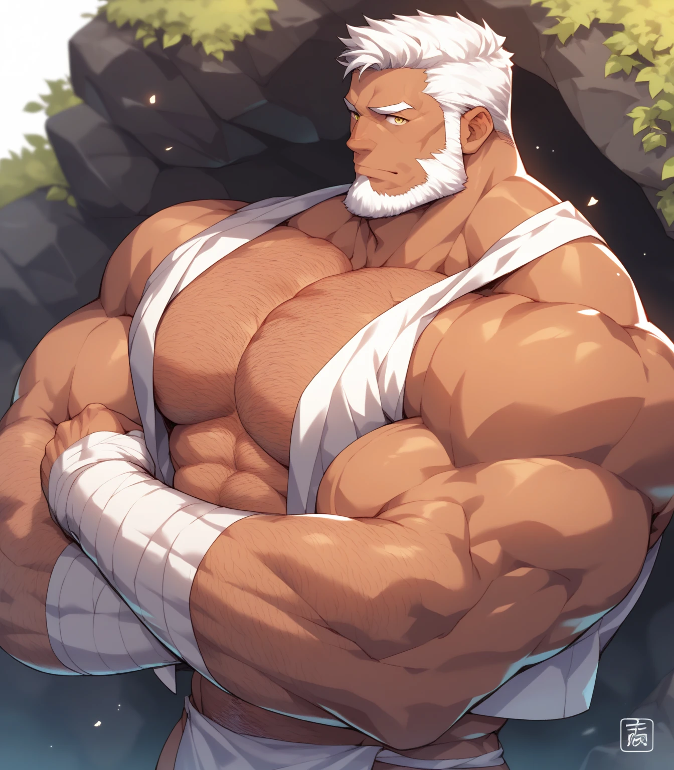 (masterpiece, best quality:1.2), masterpiece,high quality,male focus,bara,muscular male,male focus,solo,1boy,chest hair,beard,muscular,pectorals,mature male,bulge,large pectorals,facial hair,abs,hairy,nipples,squatting,topless male,manly,leg hair,navel hair,navel,looking at viewer,thighs,thick thighs,thick arms,biceps,veins,petals,male underwear,cherry blossoms,architecture,arm hair,short hair,sandals,outdoors,old man,east asian architecture,smile,grey hair,old,japanese clothes,thick eyebrows,sky,day,erection under clothes