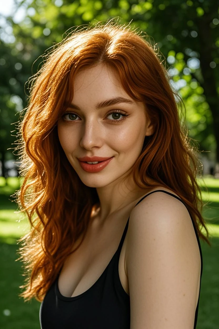 Portrait photo of Elena Morales, a 24-year-old redhead. She has long auburn hair, blue eyes, olive skin tones and 48 inch size breasts. day scene, low angle photo, near shrub in a garden, ponytail, necklace, look at viewer and smile.