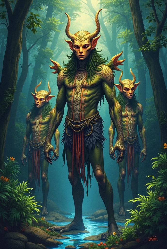A realistic style image of a circle of spores druid, do jogo dungeon and dragons, green goblin, he is thin and very short, has 1,30 tall, he has spores and various mushrooms growing on his clothes, and has skin with several mushrooms and spores, he has a wooden staff that has vines and mushrooms, and squirrel bones on the tip, next there are 3 decaying zombies with 1,80 tall , with realistic details and dramatic lighting to emphasize the character's mysterious atmosphere.