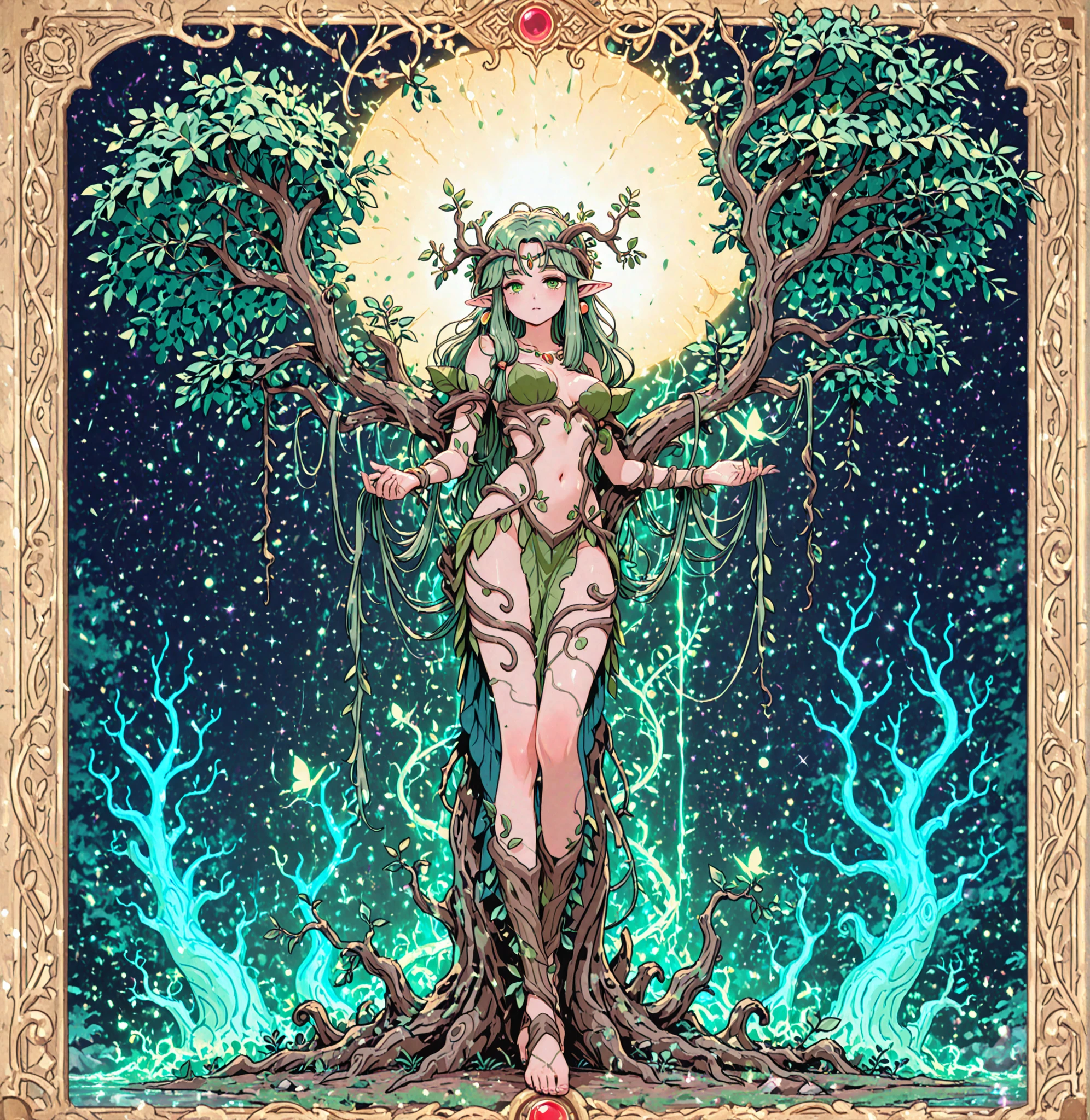 hints Copy hints tmasterpiece、topquality、Alphonse Mucha、Jugendstil、 (Tarot card style:1.3)、Unique Tarot Card Structure, including floral and green elements、Upper torso、looking at the viewers、 In the middle of a green garden、The Mysterious Girl 、Dance with Unearthly Creatures。 roses、lily、Cherry treesleaves、moss、vine、Elegant dresses, Inspired by nature、Necklace with flowers and leaves、hair ornaments、Butterflies、bird、bee、Tarot symbols, Reimagined with floral and green ornaments、godesses、Flower Garden、woods、Natural background, like a, For example, shore of the lake、Efficient use of light and shadow、 Realistic & ultra realisic, goodness