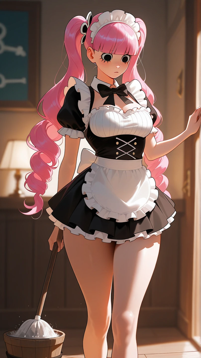 ((full body photo, feet on the ground, straight body)) {(Laura:woman, large breasts)}; {(black maid costume with white parts+white skirt+white sock with clips on pants+little clothing+extremely tight on body)}; {(she's inside a hotel room with a window, tonight, the window is open, she's standing in front of the window, catching a wind on her body, maid's costume extremely transparent and wet)}, Her body and hair {are extremely sweaty}; she {((is extremely exhibitionist, has very short pink hair and slick, eyes:blue, is smiling, looking at the viewer)}; Anime style, masterpiece,, High detail, anime, 16k, UHD, retina, retina, ccurate, anatomically correct, textured skin, super detail, high quality, award-winning