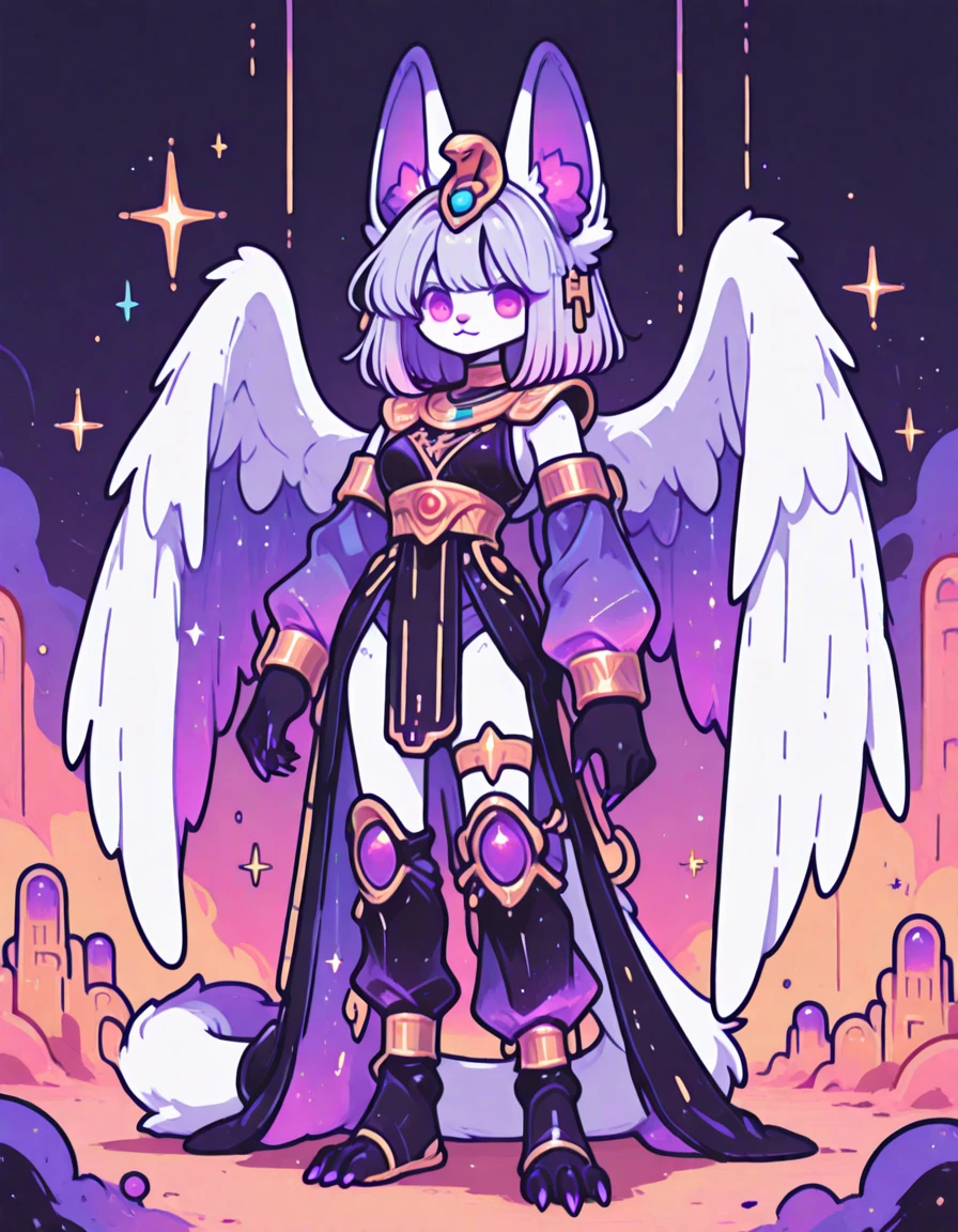 Solo, Furry, Sphinx Monster girl with pure white skin bronze Egyptian style hair white feathered wings and a tail tipped with purple fluff and magenta and black claws dressed in Silver black and gold Egyptian pharaoh-like armor
sed in Silver and bronze Egyptian pharaoh-like armor with magenta gems
, egyption stormy desert night