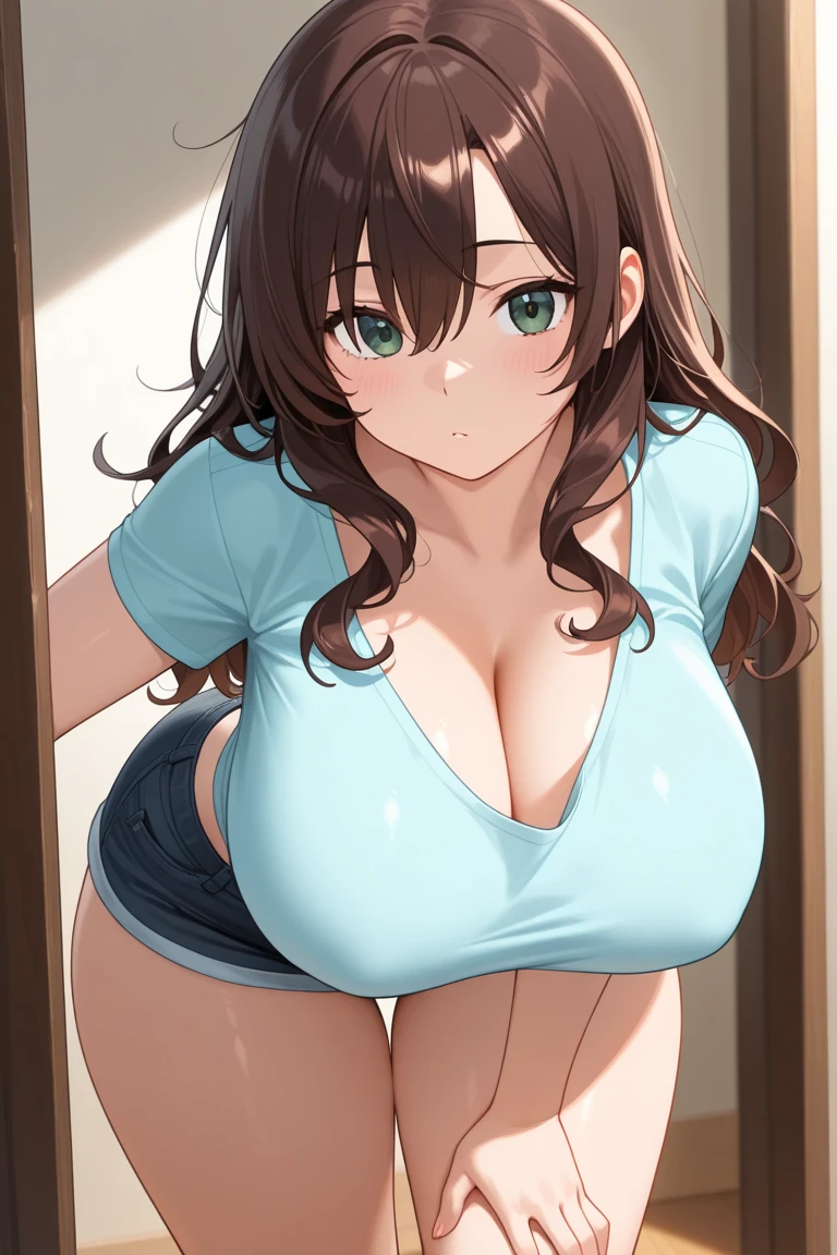 masterpiece, best quality, highres, 1girl, hilda pokemon, high ponytail, long hair, blue eyes, looking at viewer, huge breasts, cowboy shot, athletic body, (blush:1.2), black stick on bra, bathroom, ((strapless:1.2)), standing, shower, black bra, colorfull, smile