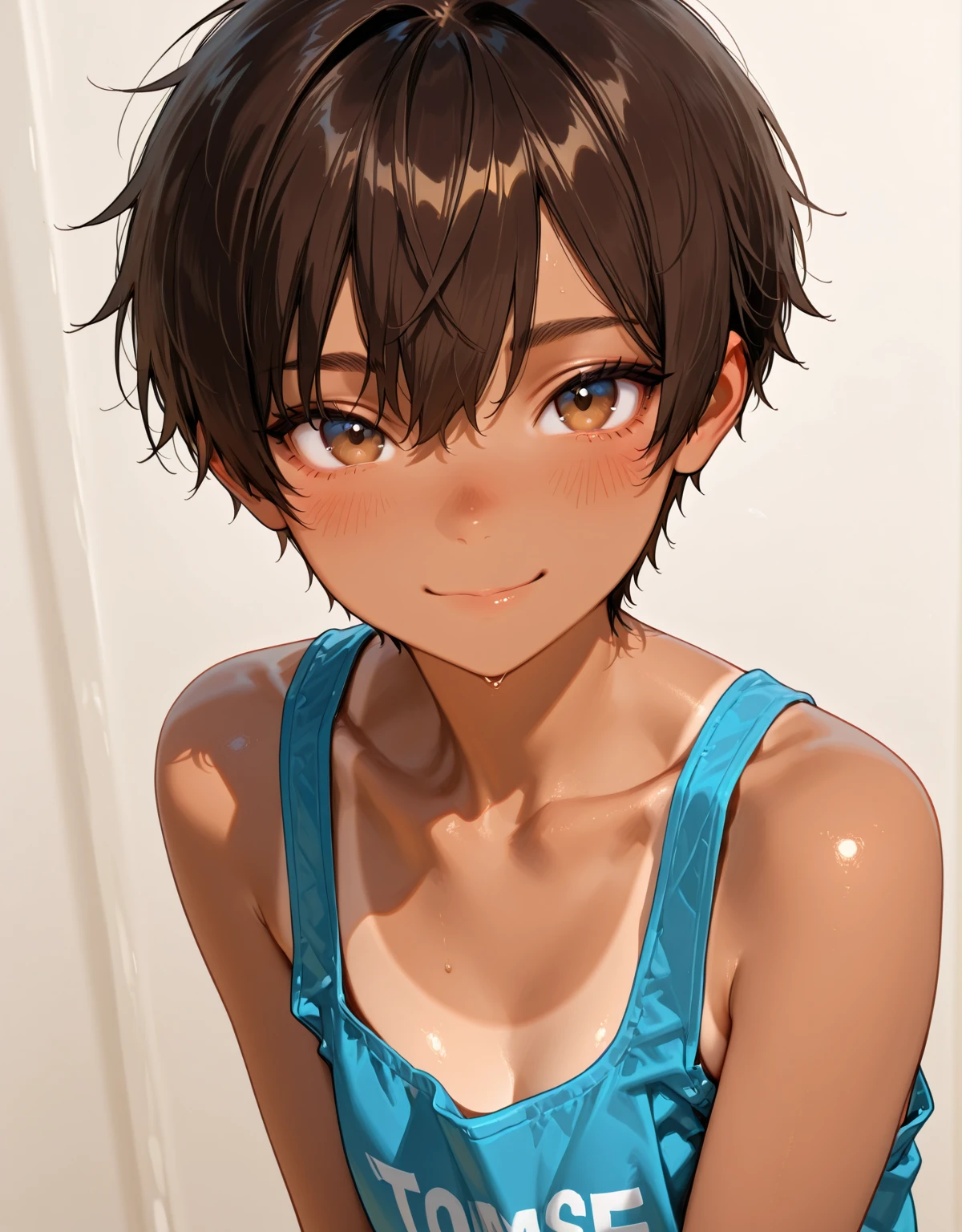 Highest quality、Realistic、male、zoom、Orange eyes、short black hair、White bikini pants、thin、Dark Skin、Inappropriate smile、Bedroom、Bust Shot、