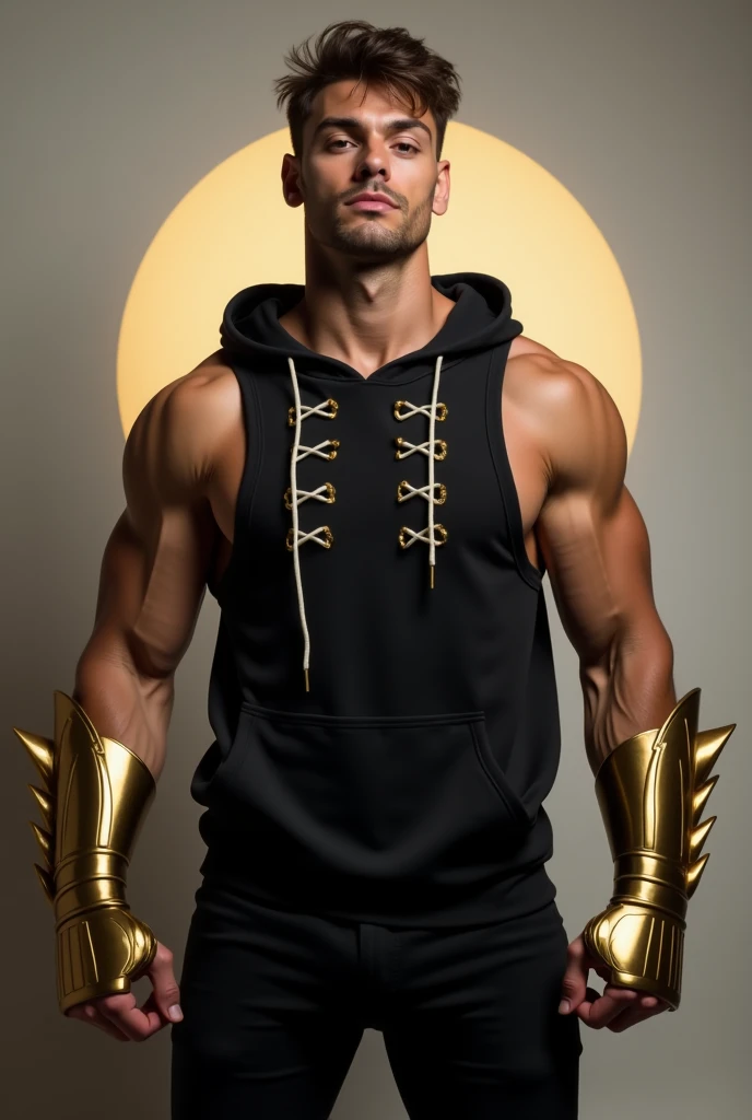 Um homem bodybuilder forte, nun dress, with clothes, with king crown, brownhair, in sweatshirt, trapped in chains, sitting on a throne in the gym , at the gym at a gym