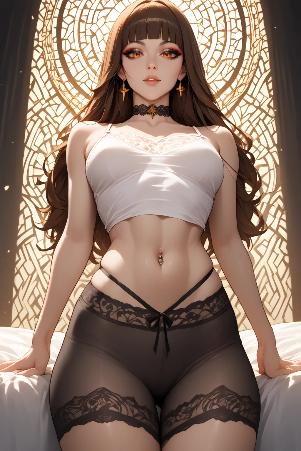 (Ultra Real), (Live Action), (High Resolution), (8K), (Very Detailed), (Best Photo), (Beautiful Detailed Eyes), (Best Quality), (Ultra Detail), (Masterpiece), (Wallpaper), (Detailed Face), Solo 1 Girl, White Wavy Hair, Korean, Heterochromic Eyes, Small moles under the eyes, Loose white shirt, Yoga Pants,, Long Legs, Tight Abs, Camel Toes, Dynamic Pose