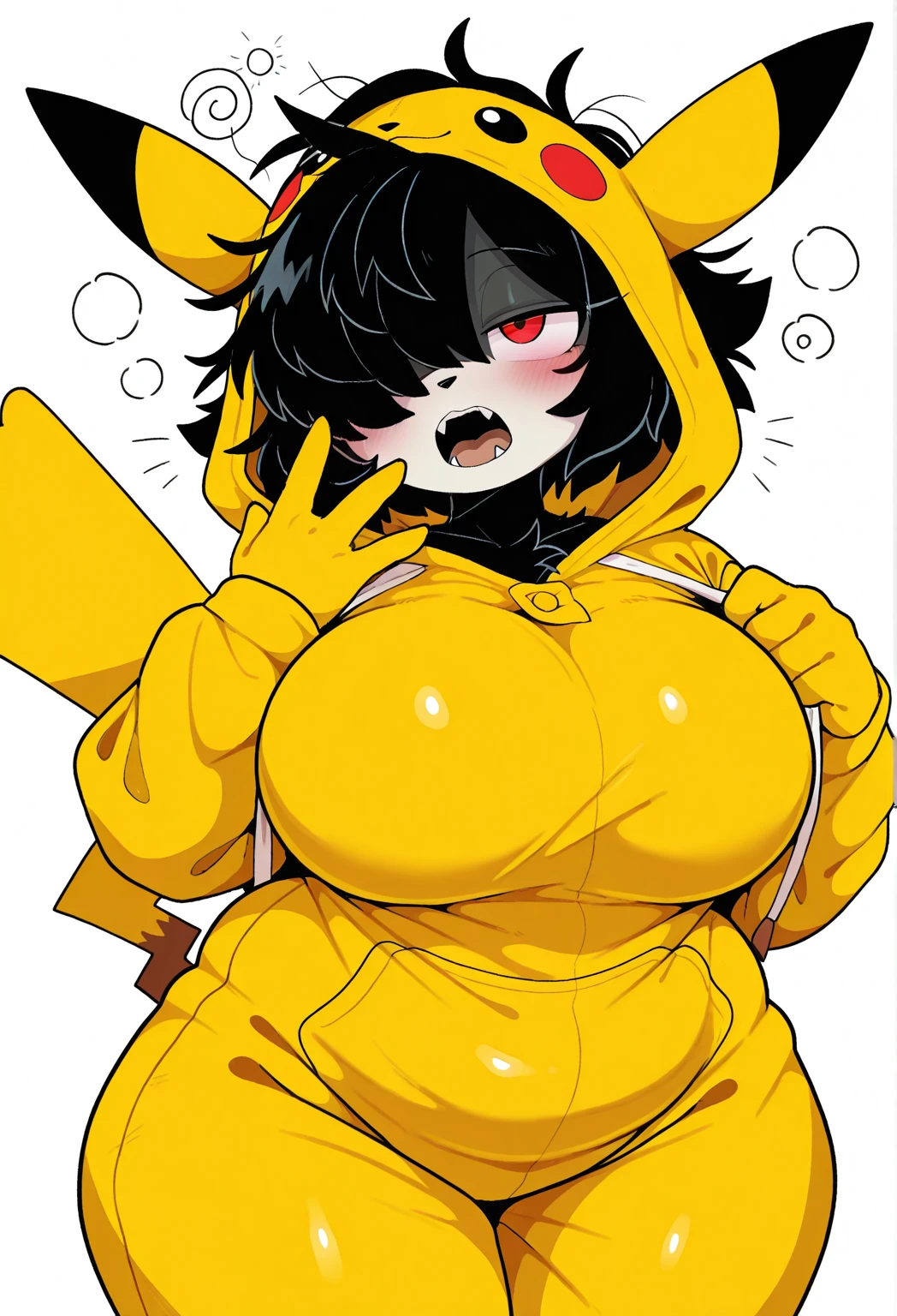 score_9, score_8_up, score_7_up, score_6_up, score_5_up, score_4_up,(Black Hair),(Orange inner color hair),short hair,(Red eyes),Lady,(((Hair on one eye))),very big breasts,Sweaty,Erect nipples,Droopy eyes