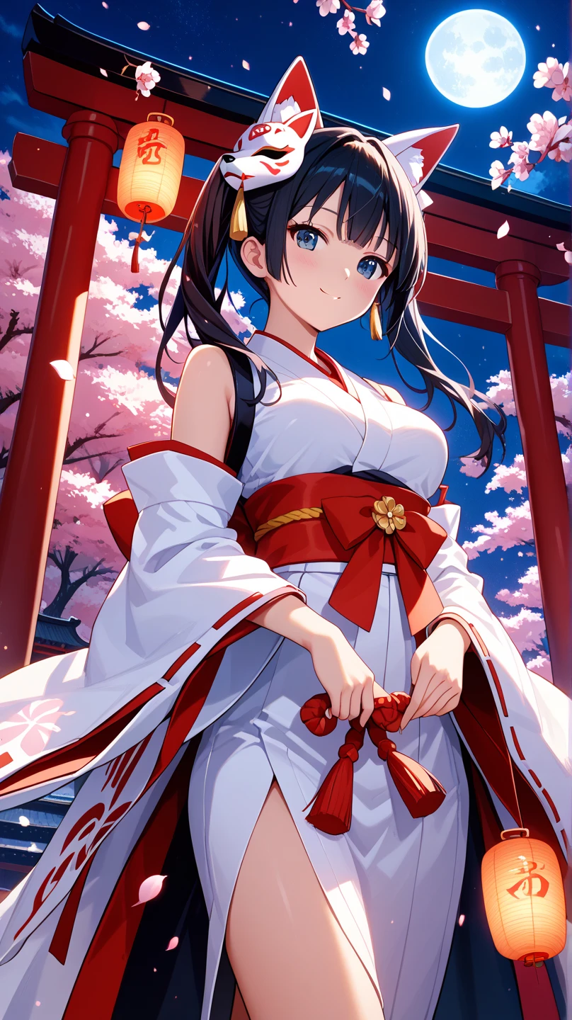 masterpiece, best quality, ultra-detailed, 8k resolution, 
beautiful japanese shrine maiden, wearing traditional red and white miko outfit, long black hair, holding a fox mask, standing in front of a torii gate at night, full moon in the sky, floating cherry blossoms, glowing paper lanterns, misty atmosphere, magical particles, serene and mysterious expression, cinematic lighting, anime style
