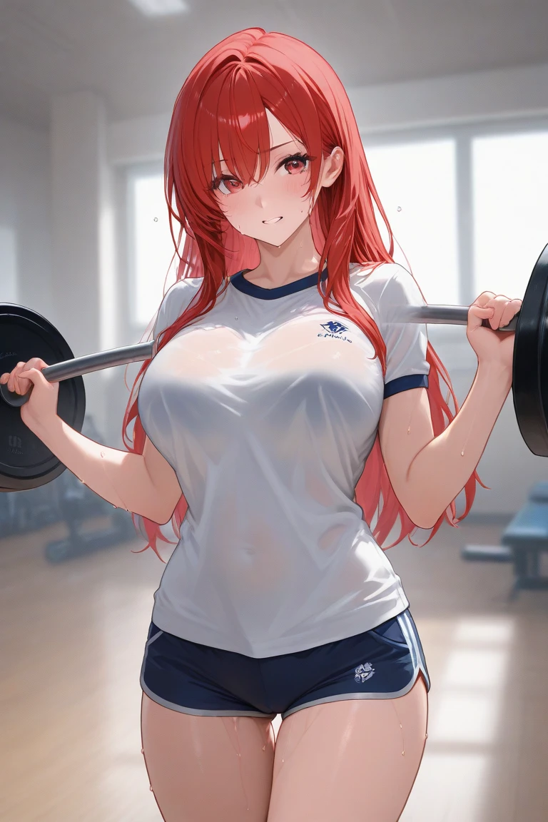 Masterpiece, 1girl, twin tails, long hair, red hair, blue eyes, light blush, sweat, choker, tshirts, baggy tshirts, big breasts, denim jeans, open jeans, thongs, sunshine, standing, looking away, in the gym, cowboy shot 