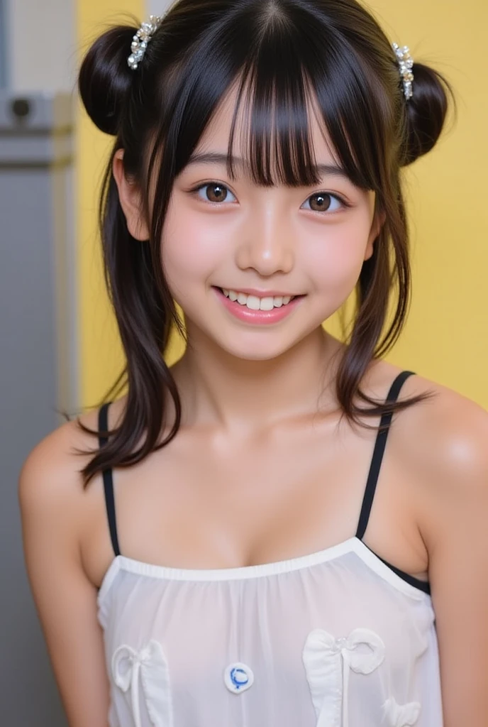 cute, girls, elementary school students, black hair, twin tails, small bust, naked, smile, blush, shiny skin, sexy, erotic