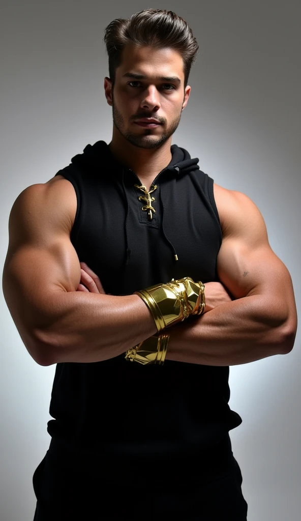 Um homem bodybuilder forte, nun dress, with king crown, brownhair, in sweatshirt, trapped in chains