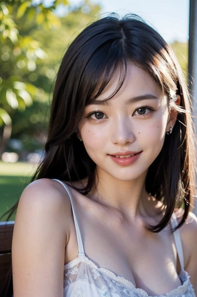 lens: 135mm f1.8, (highest quality),(RAW Photos), (Tabletop:1.1), (Beautiful 19 year old Japanese girl), Cute Face, (Deeply chiseled face:0.7), (freckles:0.4), dappled sunlight, Dramatic lighting, White lace, (On campus), shy, (Close-up shot:1.2), (smile),, (Sparkling eyes)、(sunlight)