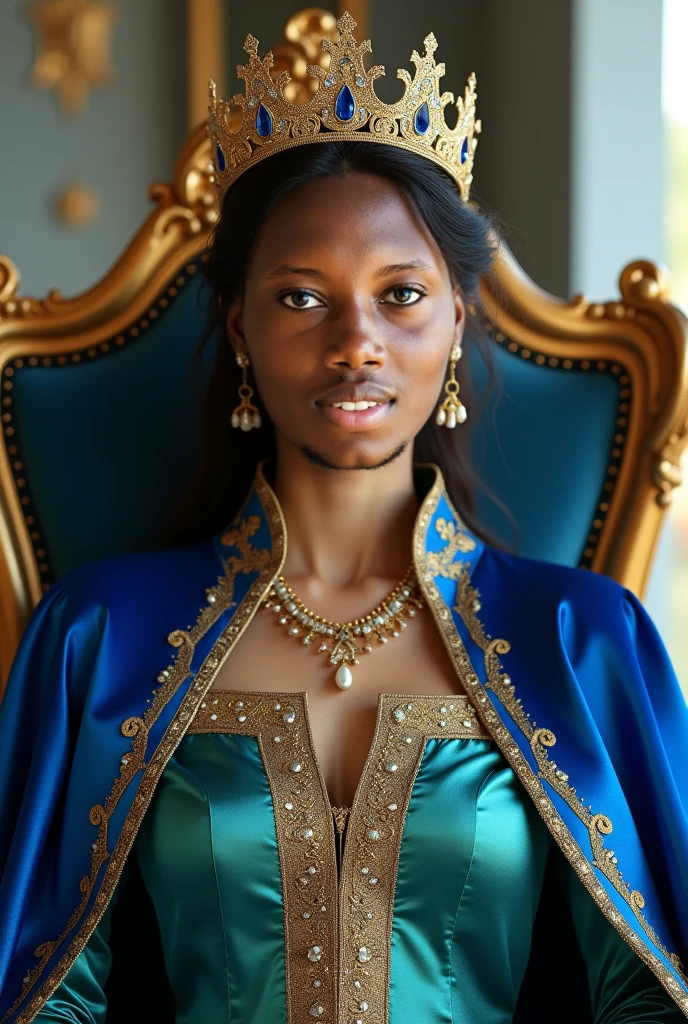 Olama Is a beautiful blind queen, she is putting on a blue dress with beads on her head and her waist representing her royalty she is dark and has a stunning smile . The picture should be African folks tale 
arduous, filled with whispers of doubt and curiosity. The people who saw Olama pass wondered how a blind maiden could possibly lead them. But Olama walked with the certainty of someone who had already seen her destiny. Make a status of olama after her death for me it should be in the palace 
