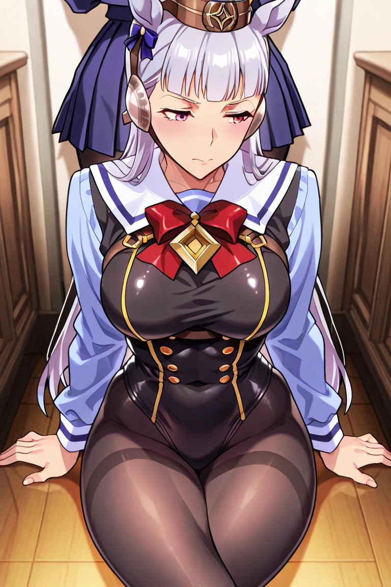 Top quality, masterpiece, beautiful face, fine eyes, fine skin, fine face,
Gao's hand pose, 
ArayaEndo, long hair, hairpods, black neck ribbon, yurigaoka girls academy , cropped jacket, juliet sleeves, black skirt, high-waist skirt, black thighhighs, (rnaughty smile),  huge breasts, curvaceous, tight waist, white shirt, mature woman ,
(Spread legs: 0.5), (Squatting: 0.5), (Sex between a man and a woman: 1.4), (penis in vagina: 1.2), panties aside, costume aside, (love juices: 1.3), hairy middle-aged man, 
(happy: 1.2), joy, (claw pose:1.2)