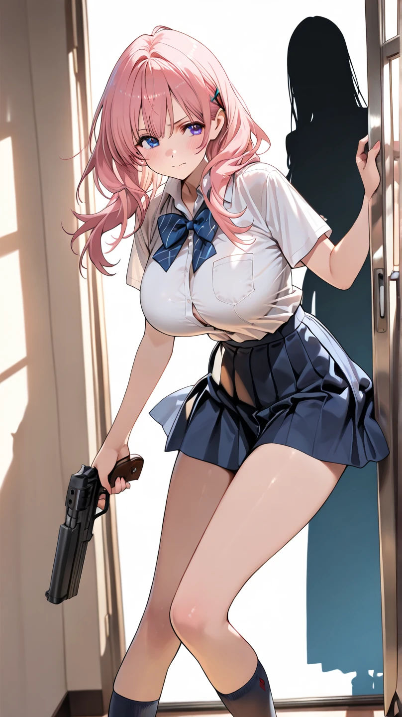 ((High school girl holding a large rifle:1.2)),Perfect hand drawing、((Place one knee on the ground:1.2)), (Angle from below:1.2)、Beautiful body lines、1 beauty, (thick neck:1.4)、(broad shoulders:1.4)、(Smaller face)、(pointed breast:1.6)、Model body type、(Smaller chest)、17 age、Sharp eyes、Watery Big Eyes、Impatience and shy laughter:1.2、((student clothes:1.4))、Shirt and knee-length skirt、(facefocus:1.4)、evening、Extremely detailed, Detailed background, Cinematic lighting, (Pull up your skirt to show your underwear:1.2), (Lace bra visible through unbuttoned shirt:1.2)、(School interior:1.2)