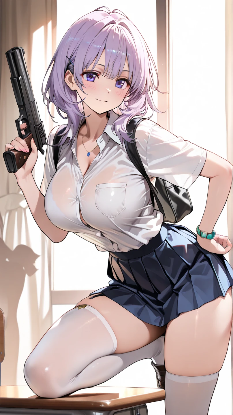 ((holding a large gun in both hands:1.2)),Perfect hand drawing、((Place one knee on the ground:1.2)), (Angle from below:1.2)、Beautiful body lines、1 beauty, (Light Purple Eyeshadow), (thick neck:1.4)、(broad shoulders:1.4)、(Smaller face)、(pointed breast:1.6)、Model body type、(Smaller chest)、17 age、Sharp eyes、Watery Big Eyes、Impatience and shy laughter:1.2、((student clothes:1.4))、Shirt and knee-length skirt、(facefocus:1.4)、evening、Extremely detailed, Detailed background, Cinematic lighting, (Pull up your skirt to show your underwear:1.2), (Lace bra visible through unbuttoned shirt:1.2)