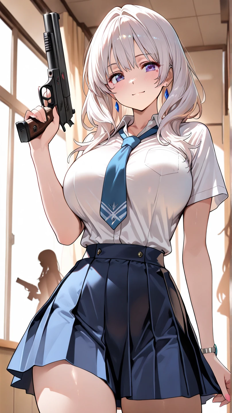 1girl fuka kiryuin asymmetrical bangs, standing, evil smile, blush, lipstick, masterpiece, best quality, ((unbuttoned , cleavage, necklace, earrings, sexy body,
breasts)) , micro skirt, smiling, navel , exposed belly, exposed navel,(nsfw) not safe for work,school, knot,
classroom , holding a gun, hold a gun