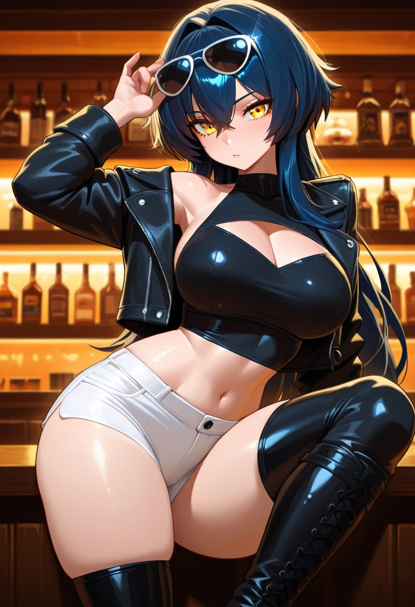Score_9, score_8_up, score_7_up, source_anime, solo, 1girl, mature female, kiryuuin_satsuki, breast, long eyelashes, Gyaru, dark skin, dark-skinned female, makeup, pink eyeshadow, parted lips, piercings, tanned skin, shiny skin, metallic tan, oiled skin BRAKE open shirts, short sleeves, latex bikini, short shorts, flashing, posing in bar, fishnet stoking, elbow groves, glass, drunk, blush, dim lighting