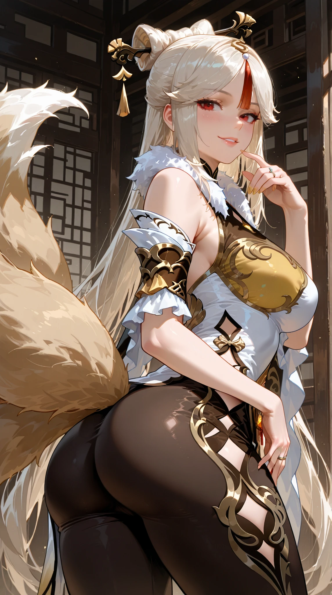 a beauty girl，Mature face，a matural female，Fluffy tail hair，Ultra-loose underwear，clothes slipping off，Anterior convex and posterior，Straight chest，Ruddy complexion，Huge fox tail，nabel，(huge tit)，adventurer，tit，areola of breast，pantiess，Stockings，Human Services Panel，Parchment rolls，White hair