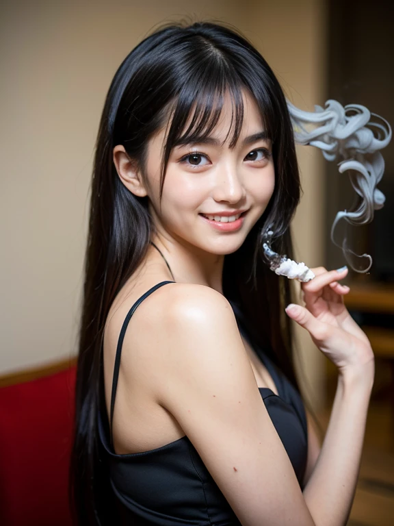 (Best-quality, Masterpiece, Ultra-High-Resolution, (Photorealistic:1.4), Raw Photo, depth of field, professional lighting, perfect anatomy, extremely details), 1girl, -yeld, thost famous Japanese idol, ((at outdoor terrace of Cafe)), ((((light a cigarette, lots of smoke, detailed fire, detailed smoke, detailed cigarette)))), looking at viewer, innocent smile, wearing summer-clothes with cute-design, ((extremely cute face like the most popular Japanese idol, ((extremely cute and extremely big eyes)), extremely realistic hair, extremely beautiful and extremely realistic skins)), extremely cute long-eyelashes, extremely cute lips