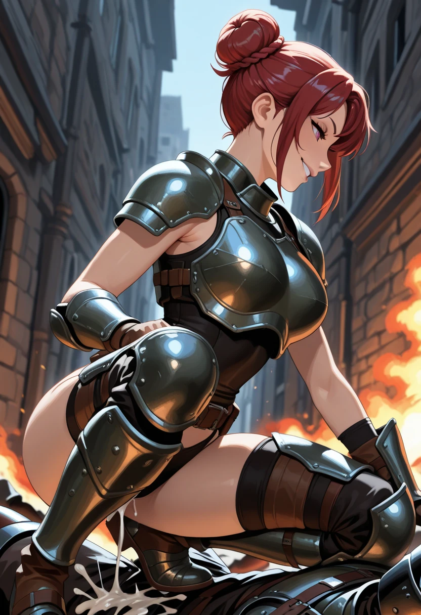 (SamanthaSaintQuiron, woman), dynamic pose, ((full body)), ((Black matte armor, )), (masterpiece, best quality), dslr,, ( Red Head, Very Short Hair, Pixie Cut:1.2), Green Eyes, Mascara, High resolution, Ultra-pointu, 16k, Masterpiece, three sided view,