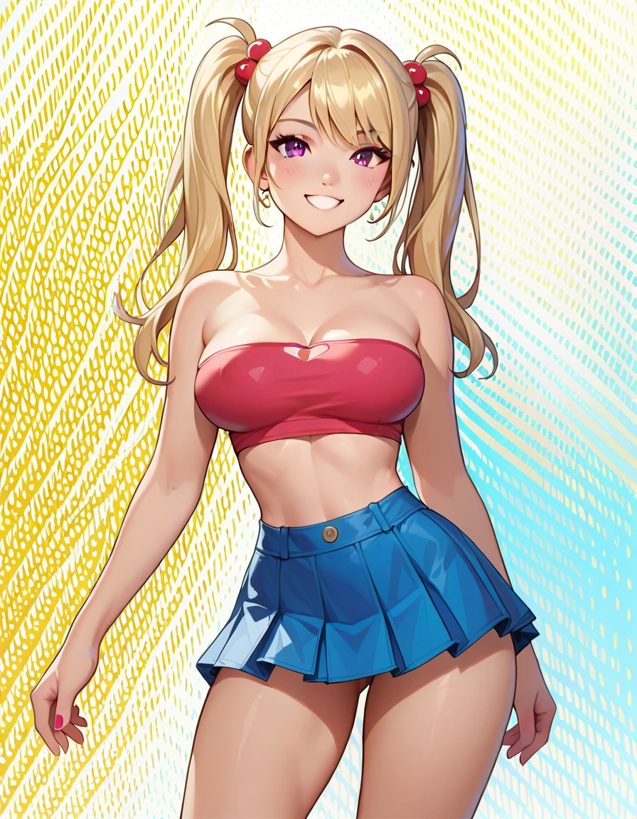 Rabbit girl High school cheerleader, solo, female, blonde hair, blue eyes, smiling, big breasts, cleavage, midriff, slim, small waist, small hips, european city, brick road, hands on hips, look at viewer, happy, looking at viewer, high quality, three-quarter view