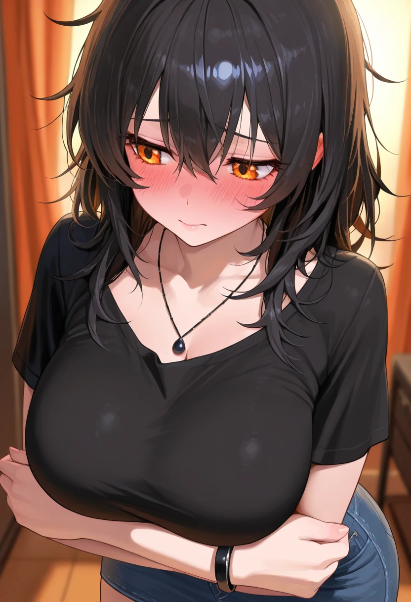 1 woman, panting, blushing, long black hair, wearing black t-shirt, large chest, golden eyes, fangs, dark bedroom, night