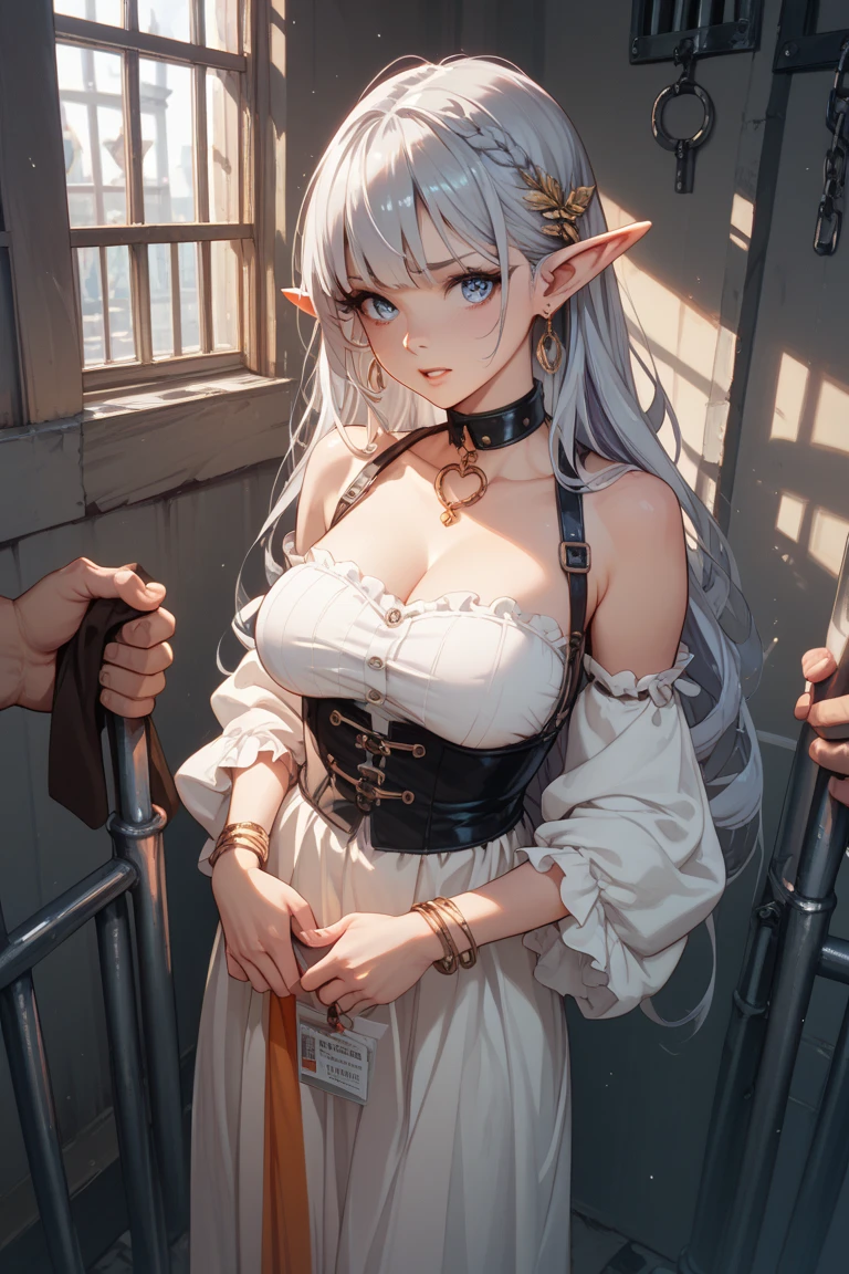 Beautifully detailed 35 year old female elven queen, Beautiful Face, Wearing the Crown, Long, pointed ears, Gray Hair, Trapped in a cage, Tie your wrists, Being a slave, Tie your wrists, Curved body, Super big saggy tits, Huge cleavage exposed, Huge Ass