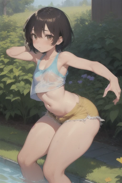 1 girl, alone, ppka, black fur, short hair, messy fur, Ahoge, parts, parts por todo el cuerpo, grey eyes, blind eyes, kind eyes, nervous, blushing, embarrassed, ashamed, tender look, sonrisa embarrassed, ashamed, looking at the viewer,
hippie clothes, hippie, forest,
Swimsuit, long sleeve swimsuit, black thong, black bikini,
playing in the beach, arena, mar,
Standing Split Position, (magpie split)