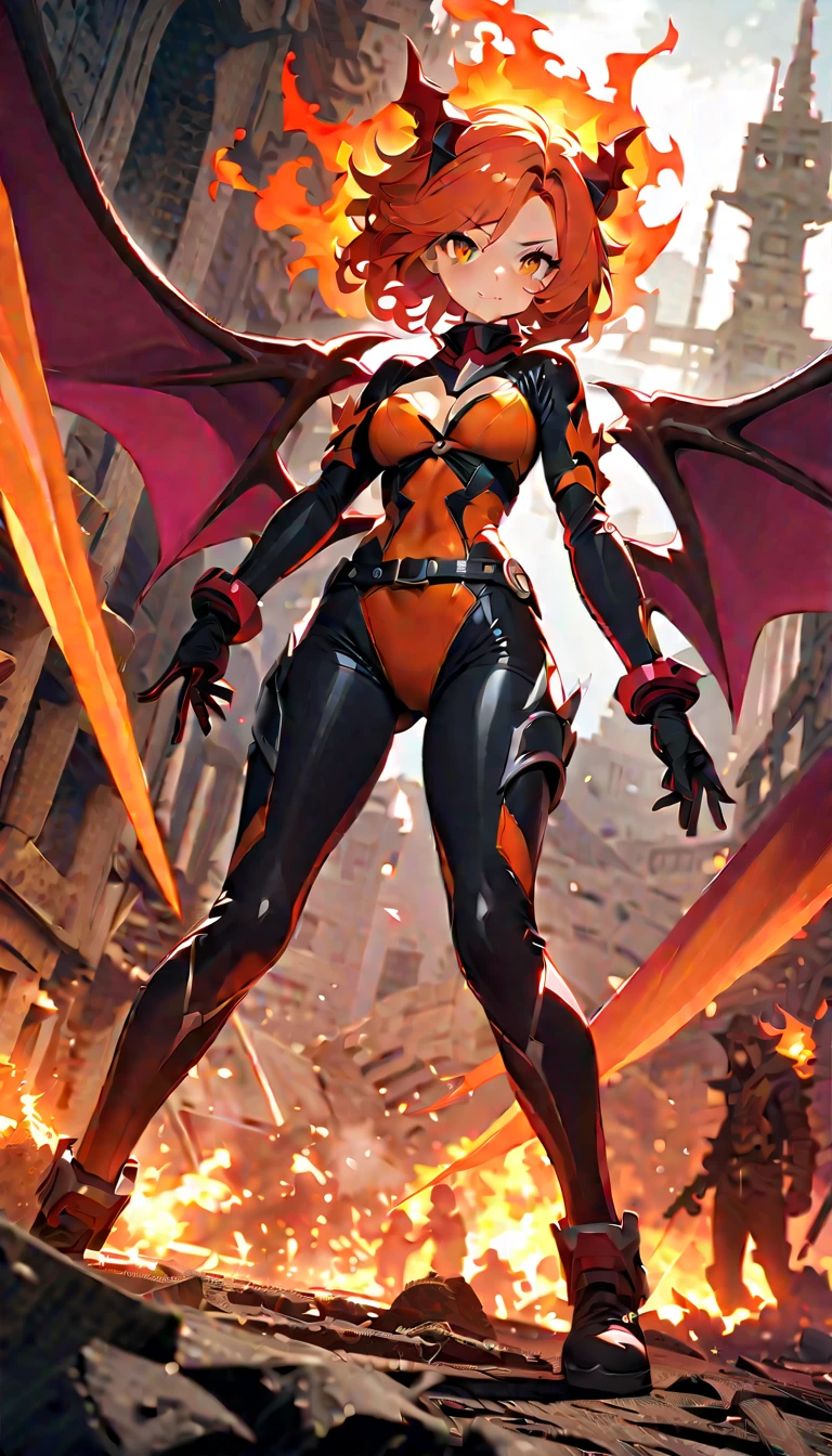 Red skin succubus tiefling, medium breasts, black horns, wings, huge tail, black leather, tall, toned, graceful, thin, long black ponytail. Action scene, shotgun.