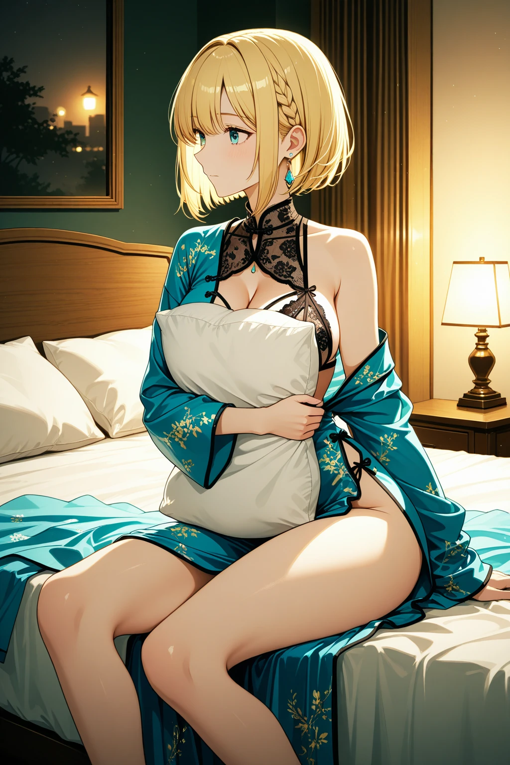 1woman,super beautiful,Sleeping on your back, camera angle from above, on the bed,Facing right, at night,full body photo, very detailed face,cute,,HD face, perfect face, blue kimono,short kimono, cleavage visible,Very big breasts,big breast,Blue flowers on the head,Blonde hair,bangs,blue eyes,hair in bun,one bun,Hair in a bun,ultra detail,ultra Hd, masterpiece,4k