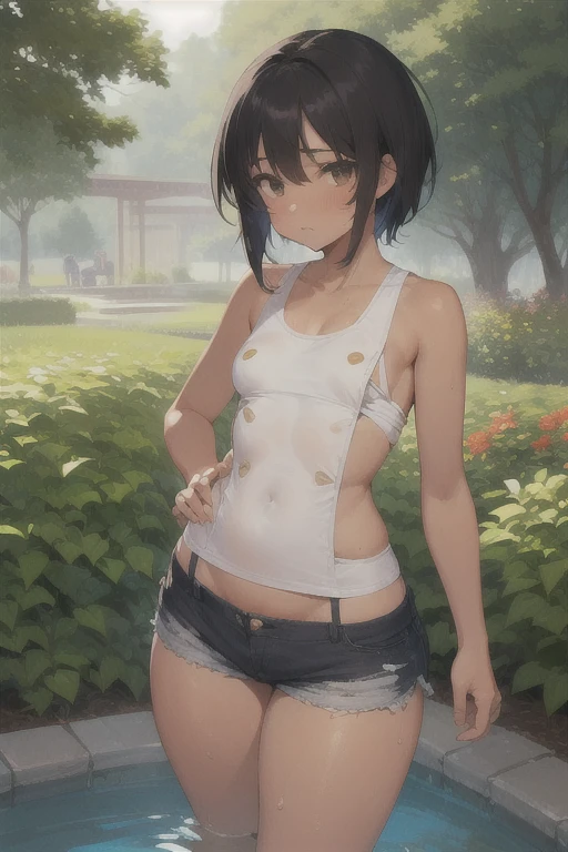 15 year old beautiful girl、、well-groomed face、beautiful、cute、brown hair(See-through mash short hair、straight hair)、brown eyes(hanging eyes、big)、small breasts(puffy nipple)、Pelvic widening、big ass、Tank top、Micro Denim Shortan muscle、sandals、Sunburn mark、countryside